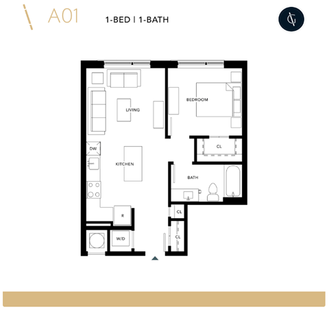 Floor plan for 1 bed, 1 bath, 617 sqft